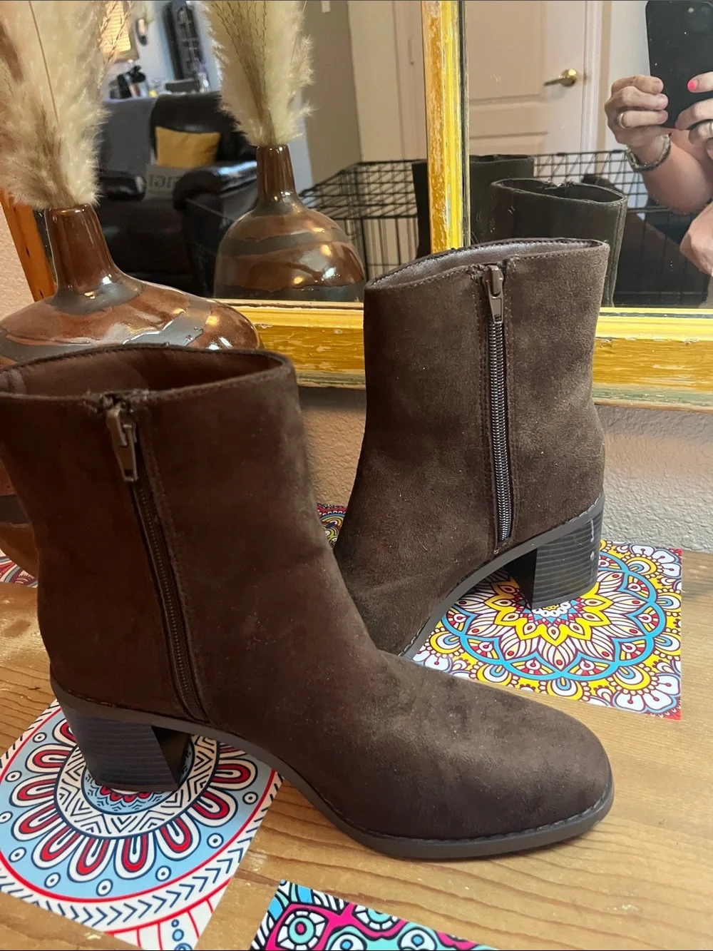 MIA (Buckle)Dark Brown Suede Block Heel Ankle Boots NEW size 8.0 women’s